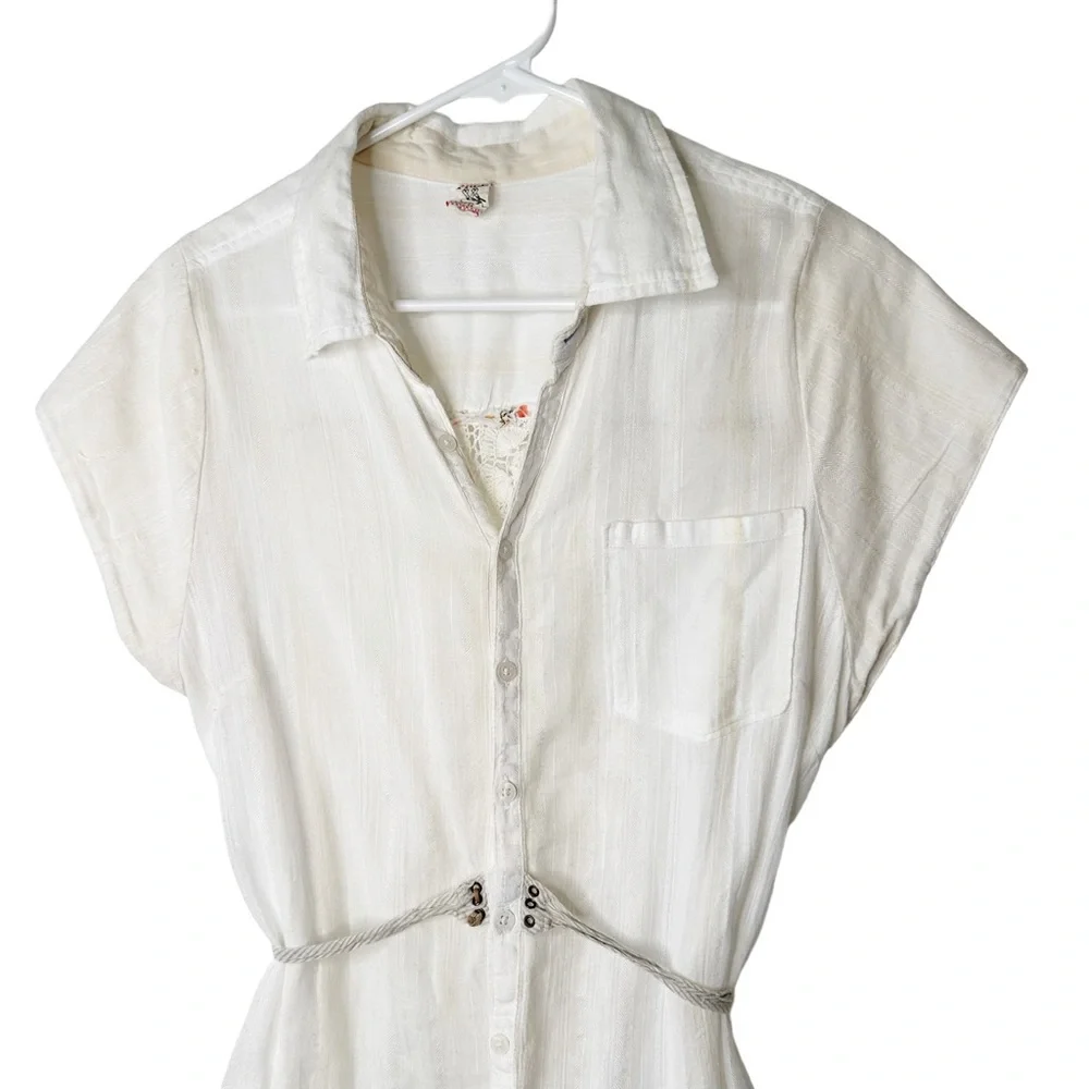 Free People White Sheer Crochet Knit Gauze Button Down Rope Tie Size Large - Picture 2 of 7